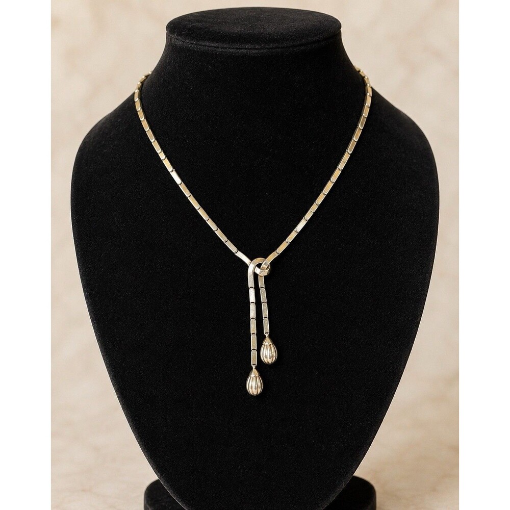 Vintage Trifari Lariat Y Necklace Silver Tone Modernist Tassel Drop Tulip Signed